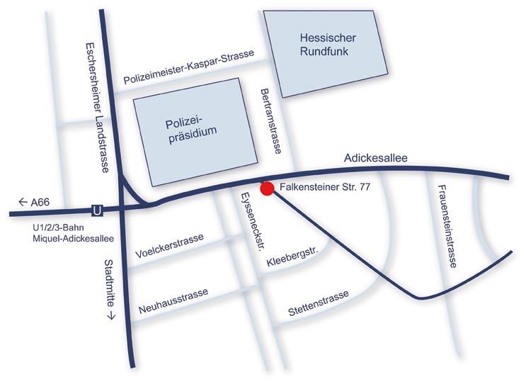 Skizze der Anfahrt zu Falkensteiner Str. 77 im Frankfurter Nordend-West