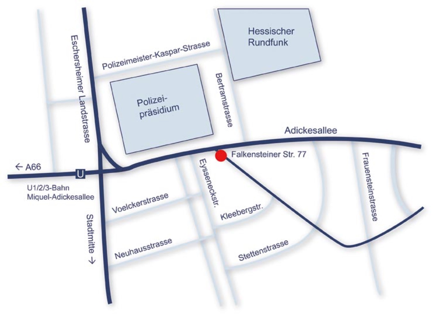 Lageplan der Kanzlei Kuther & Partner: Falkensteiner Str. 77 zwischen Adickesallee und Bertramstraße, nahe der U-Bahn-Station Miquel-/Adickesallee (U1, U2, U3)